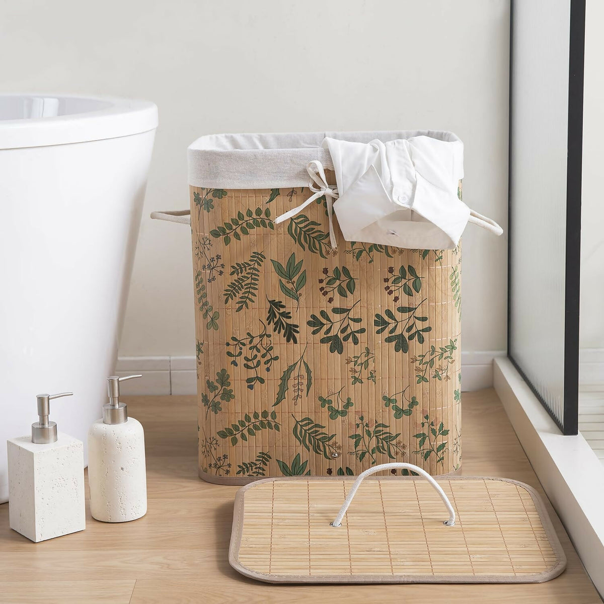 HOKIPO Eco-Friendly Foldable Bamboo Laundry Basket Hamper with Lid - Ficus Leaves - Dista