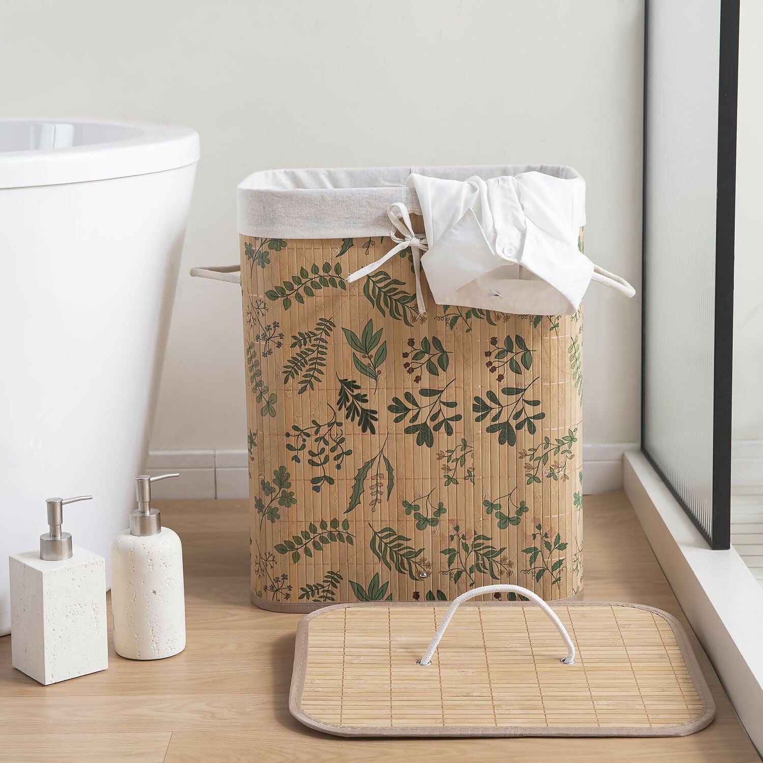 HOKIPO Eco-Friendly Foldable Bamboo Laundry Basket Hamper with Lid - Ficus Leaves - Dista