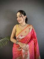 Thumbnail for Joban Fashion Rose Pink Peacock & Floral Motifs Soft Lichi Silk Kanchipuram Saree - Distacart