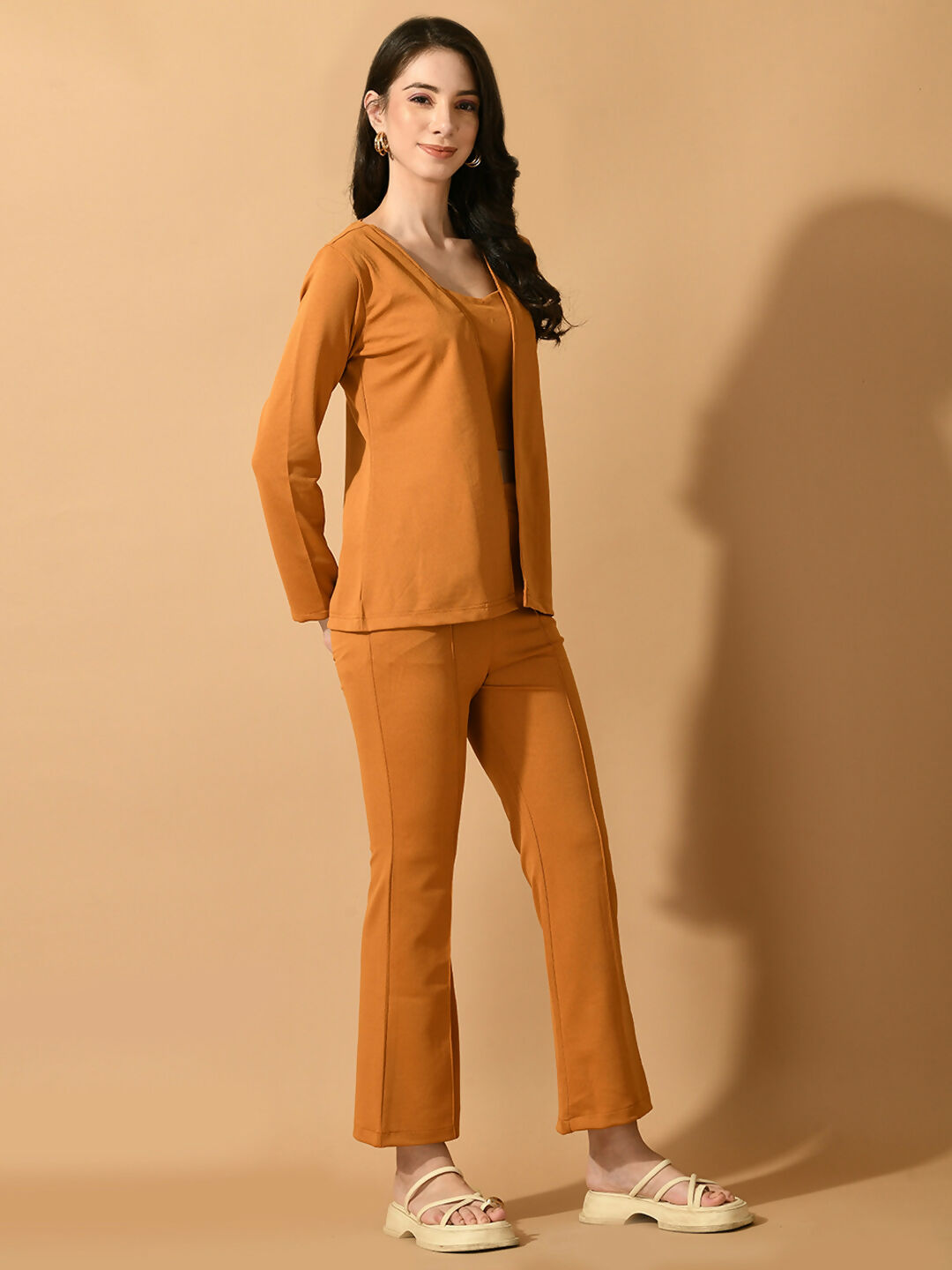 Myshka Women's Mustard Solid Coat With Trousers - Distacart
