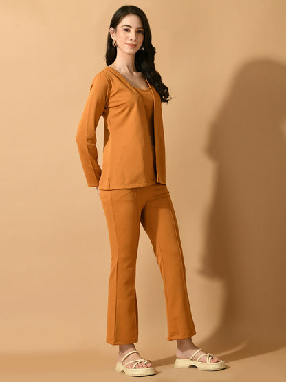 Myshka Women's Mustard Solid Coat With Trousers - Distacart