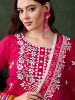 Thumbnail for Sangria Pink Floral Embroidered Thread Work Pure Cotton Kurta & Trousers & Dupatta
