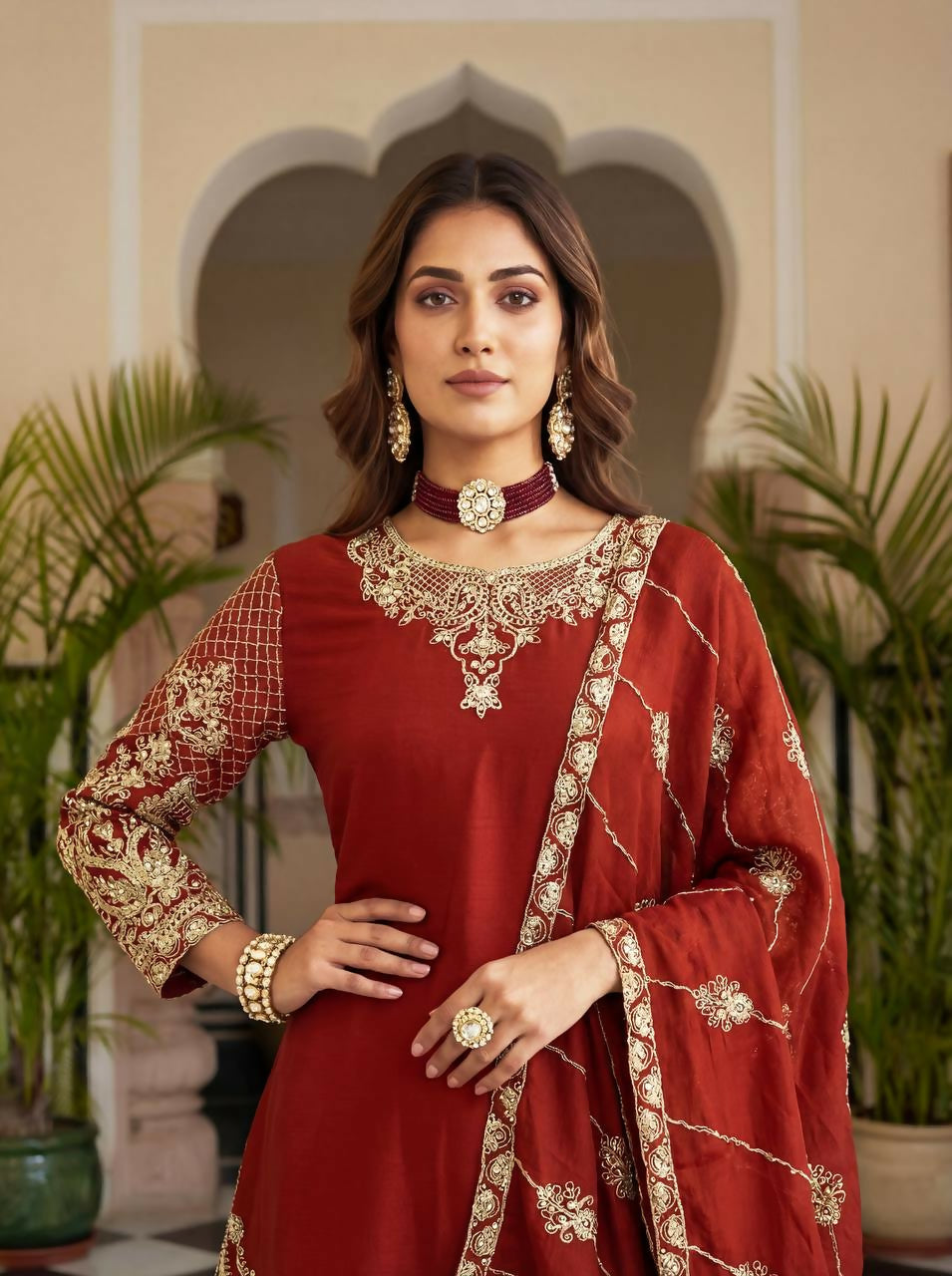 Joban Fashion Red Silk Embroidered Sharara Set - Distacart