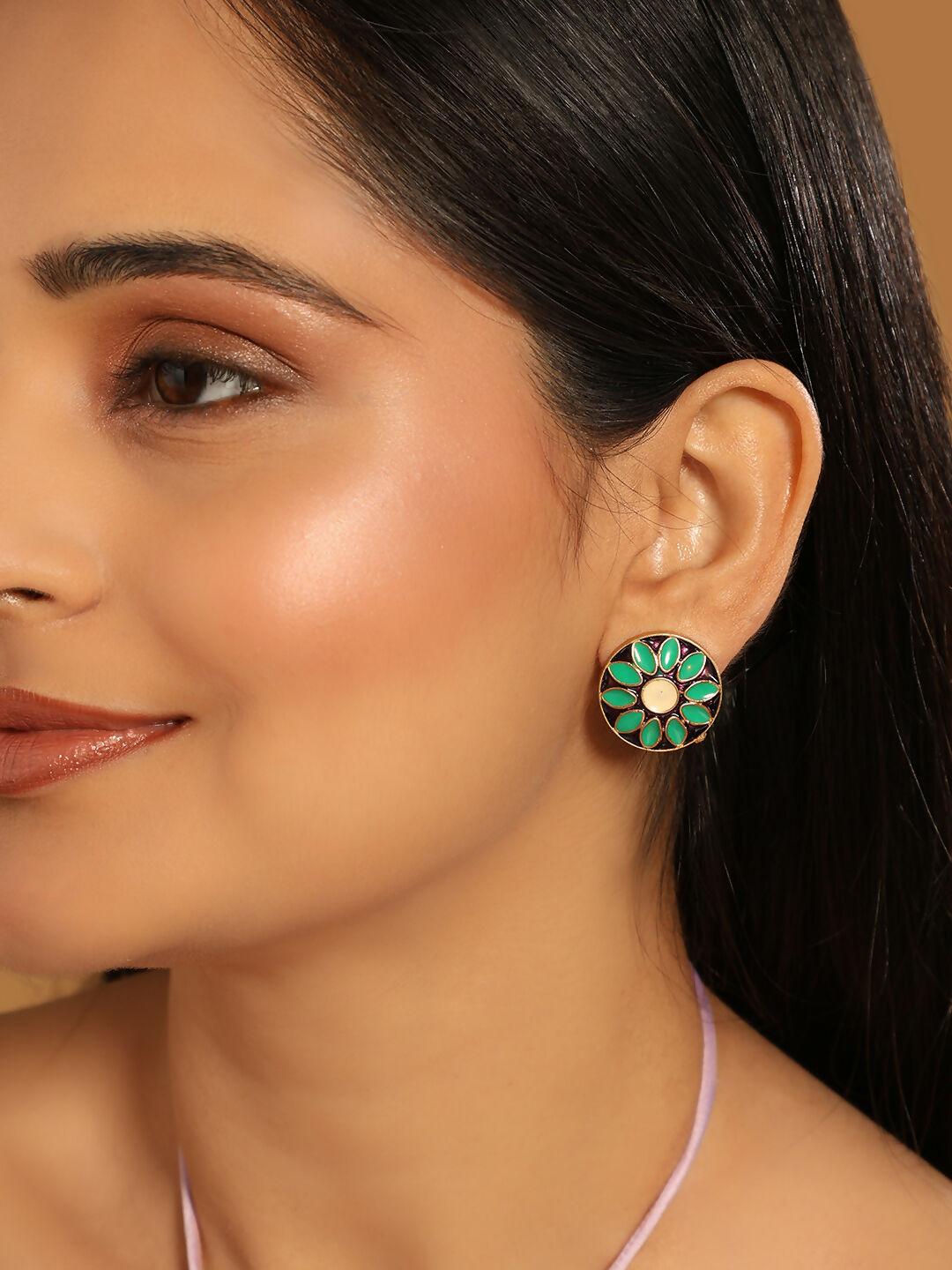 Nuyug 22K Gold Plated Circular Shaped Sea Green Enamelled Floral Motif Studs