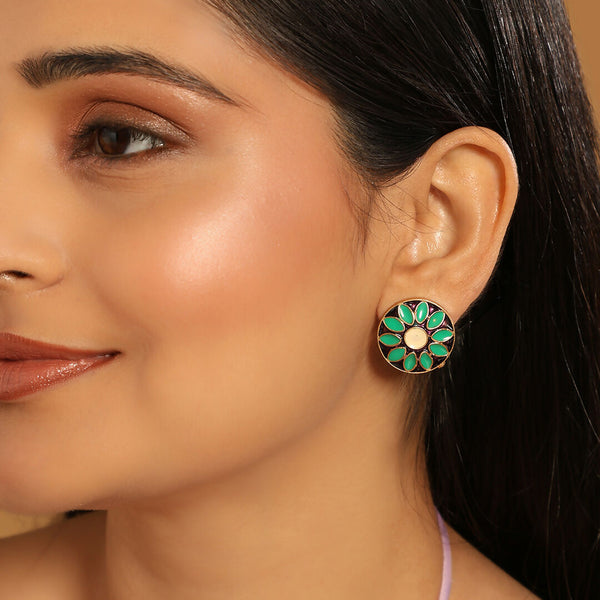 Nuyug 22K Gold Plated Circular Shaped Sea Green Enamelled Floral Motif Studs