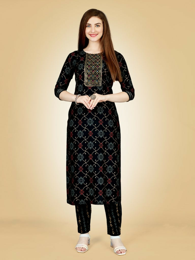 Jyoti Fashion Women's Black Viscose Rayon Embroidered Kurta Pant Set - Distacart