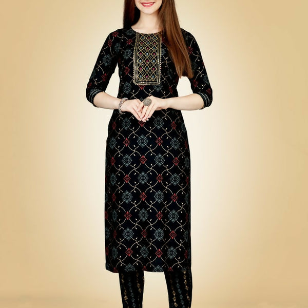 Jyoti Fashion Women's Black Viscose Rayon Embroidered Kurta Pant Set - Distacart