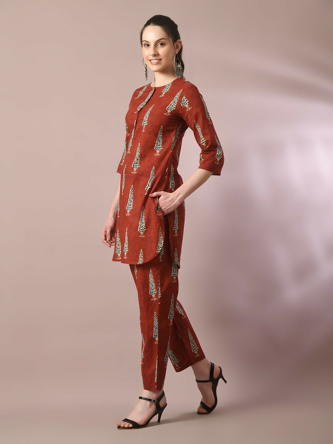 Myshka Women's Rust Printed Cotton Round Neck Party Tunic With Trousers Co-ord set - Distacart