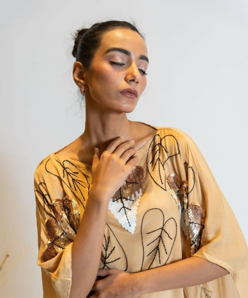 Timaraa Camel Beige To Ivory Ombre Embellished Kaftan Dress - Dista
