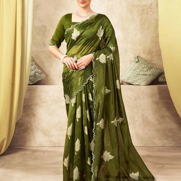 Joban Fashion Olive Green & Golden Silk Blend Embroidery Saree