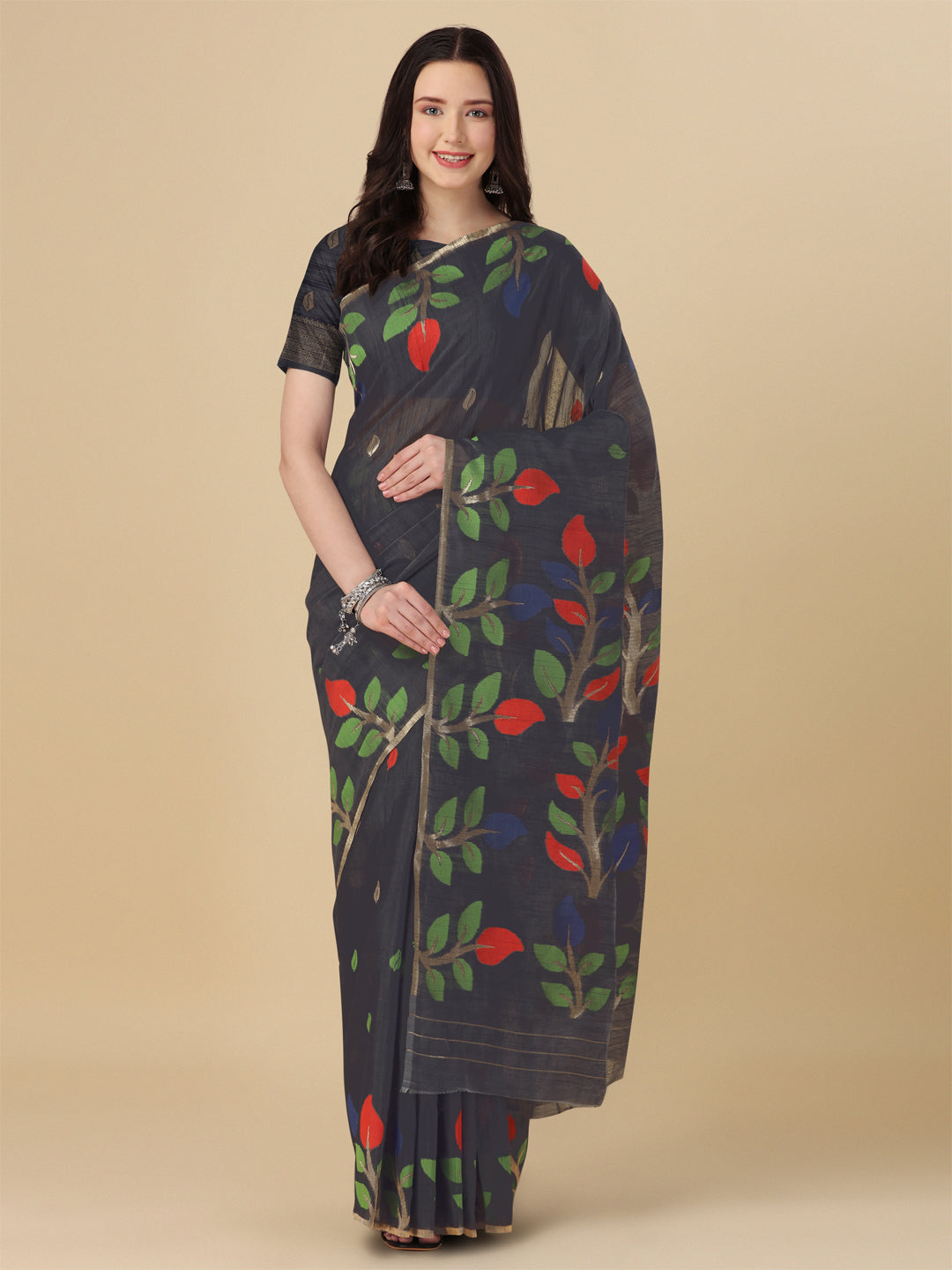 Elora Navy Blue Soft Cotton Floral Printed Bhagalpuri Designer Saree