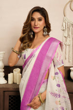 Thumbnail for Vastranavya White Lavender Digital Printed Linen Ready To Wear Designer Saree with Unstitched Blouse - Distacart