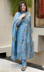 Thumbnail for The52 Blue Women's Beautiful Cotton Fabric Thread Work Straight Kurta, Pant and Dupatta Set - Distacart