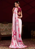 Thumbnail for Vastranavya Baby Pink Satin Silk Floral Printed with Pearl Lace Saree with Unstitched Blouse - Distacart