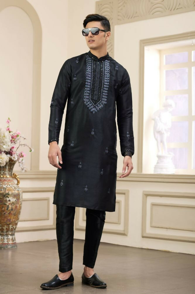 Raivat Ethnic Banarasi Art Silk Thread and Mirror Work Kurta Pajama In Black Colour
