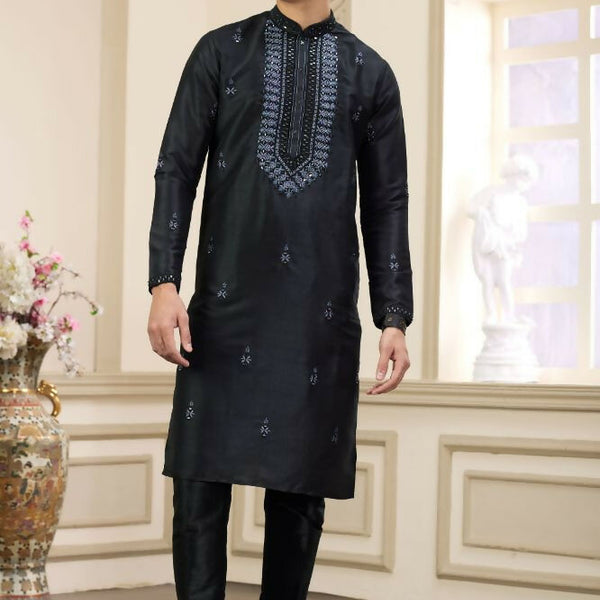 Raivat Ethnic Banarasi Art Silk Thread and Mirror Work Kurta Pajama In Black Colour