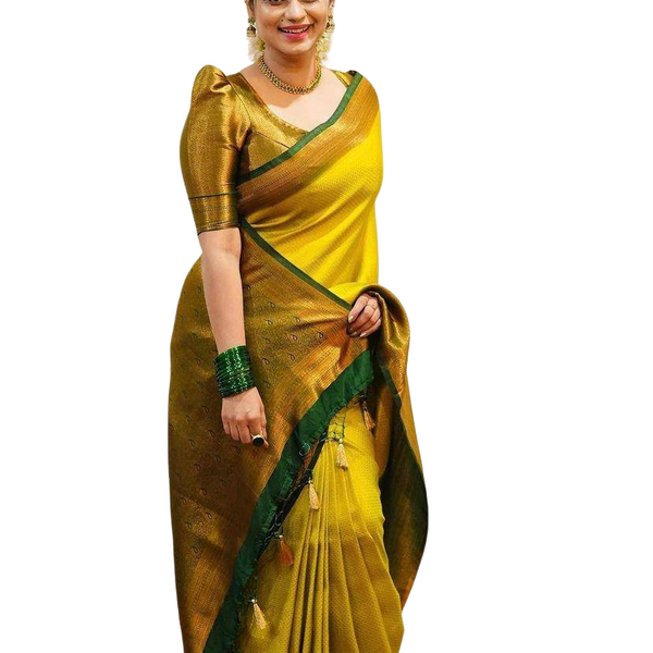 Vamika Weaving Banarasi Jacquard Yellow Kanjivaram Saree - Distacart