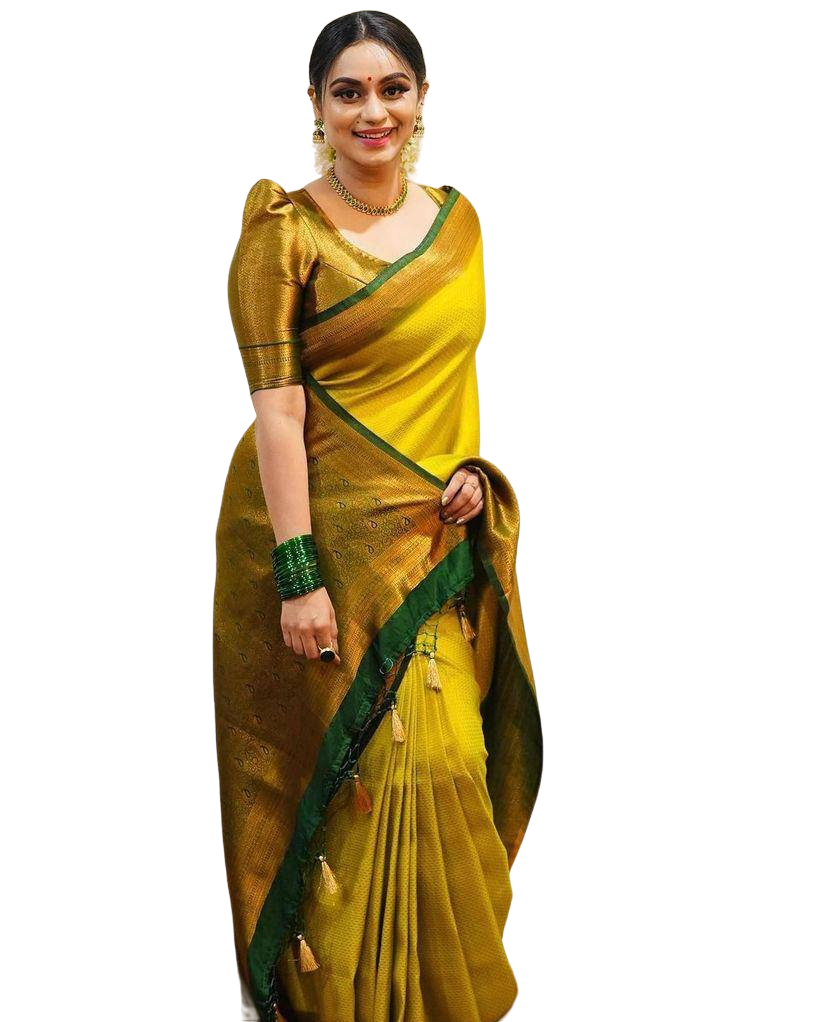Vamika Weaving Banarasi Jacquard Yellow Kanjivaram Saree - Distacart