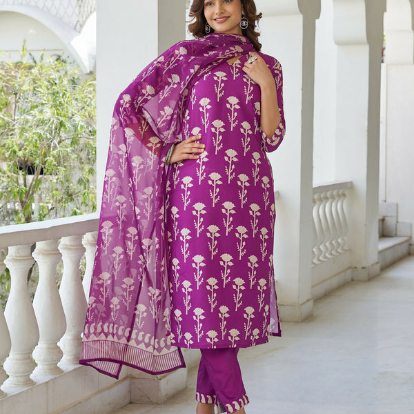 The52 Wine Women's Beautiful Cotton Blend Fabric Printed Work Straight Kurta, Pant and Dupatta Set - Distacart