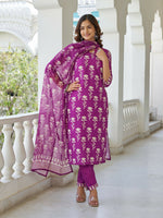 Thumbnail for The52 Wine Women's Beautiful Cotton Blend Fabric Printed Work Straight Kurta, Pant and Dupatta Set - Distacart