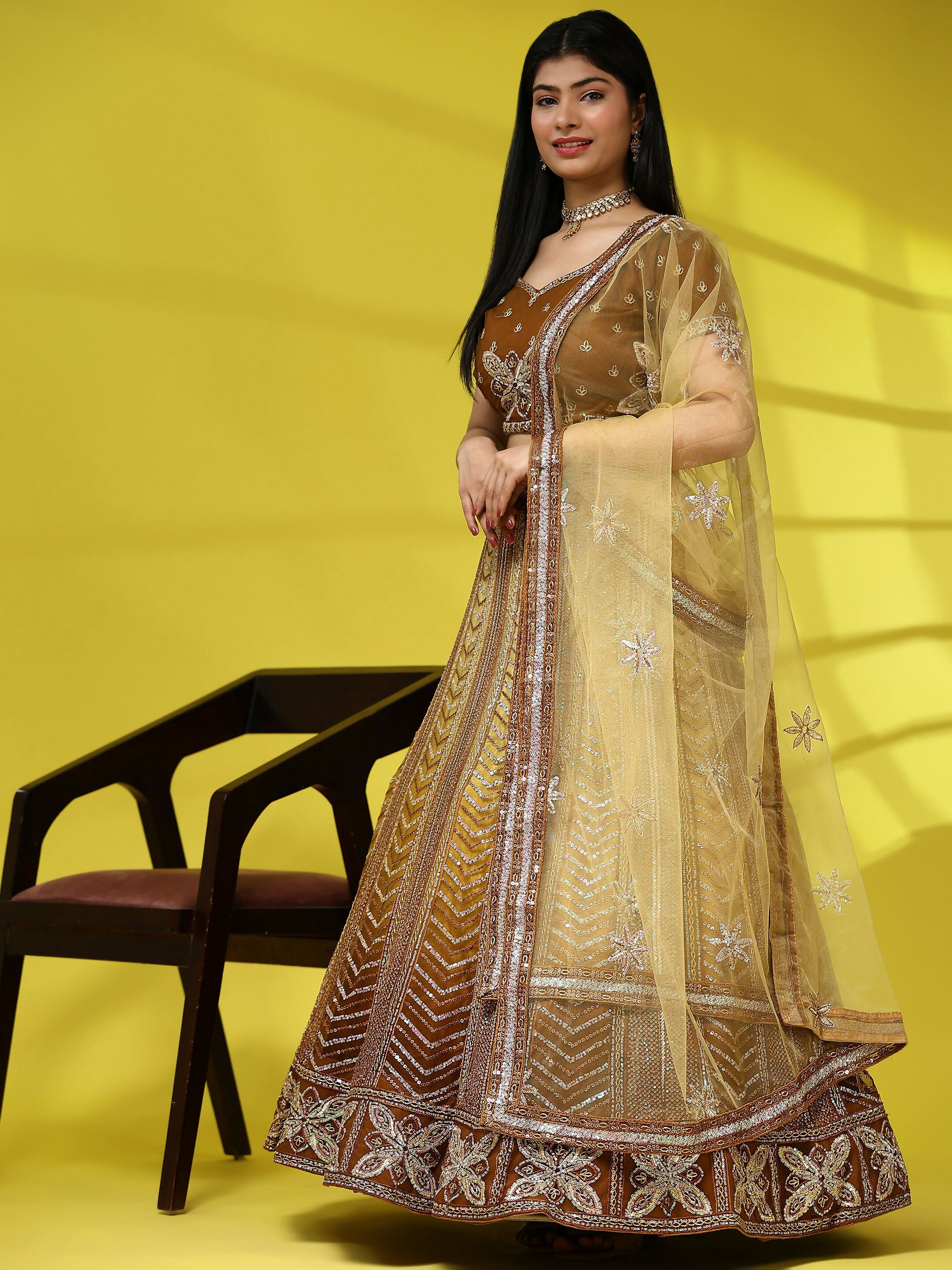 Brown Fancy Net Sequence Embroidered Lehenga Choli with Dupatta - Dhara - Distacart
