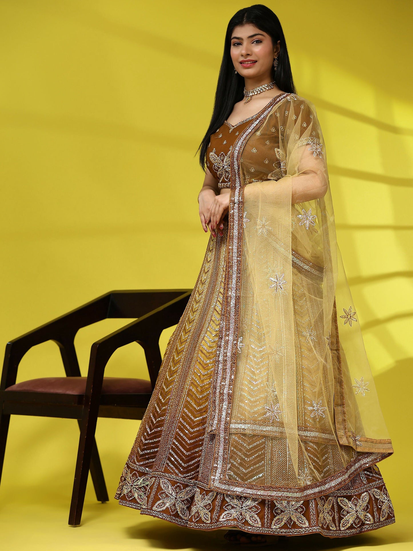 Brown Fancy Net Sequence Embroidered Lehenga Choli with Dupatta - Dhara - Distacart