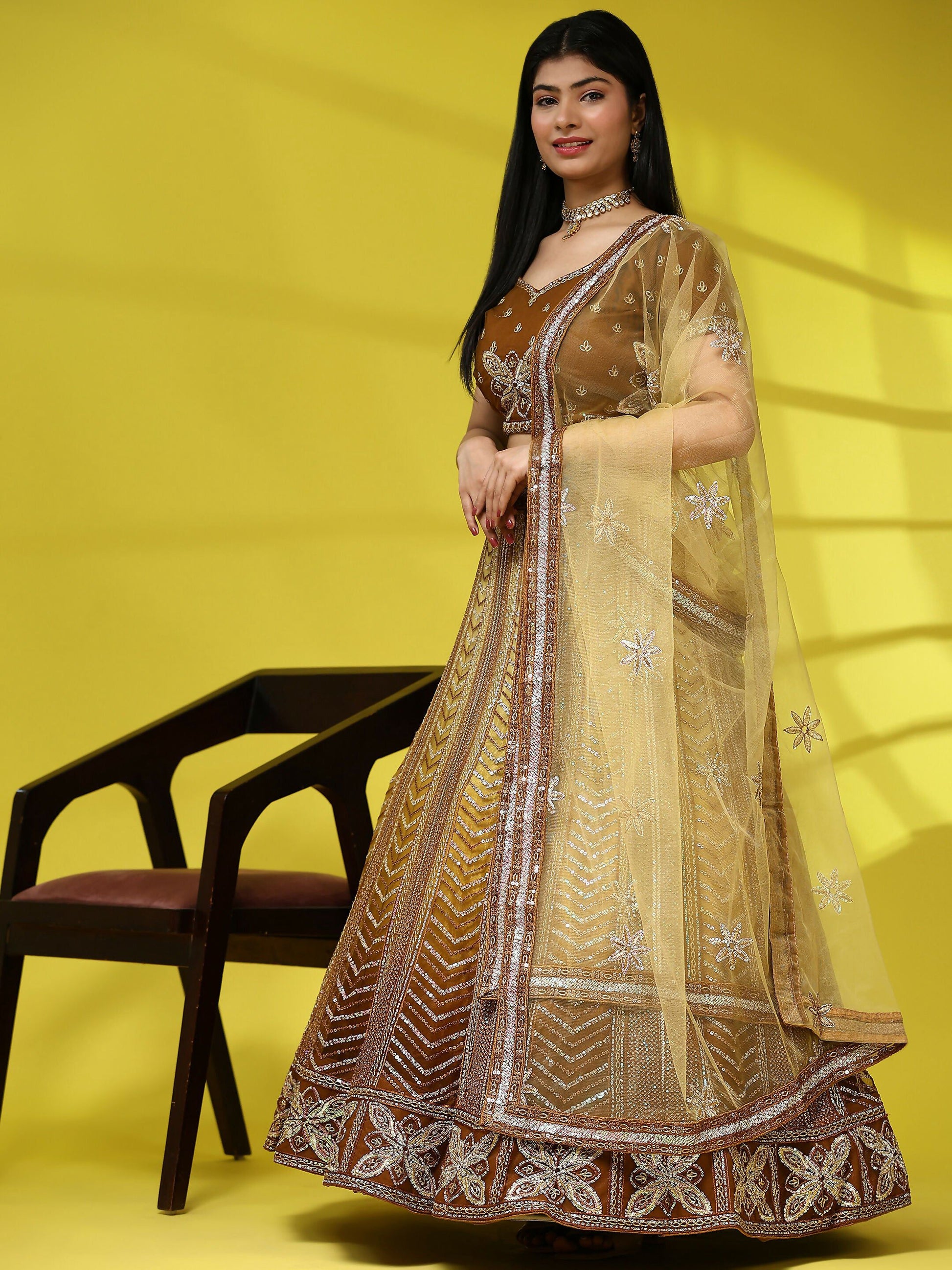 Brown Fancy Net Sequence Embroidered Lehenga Choli with Dupatta - Dhara - Distacart