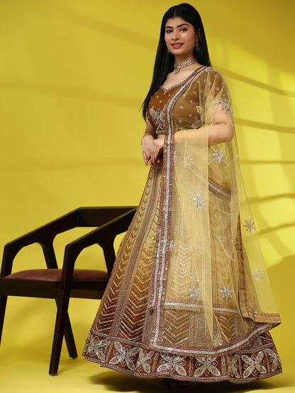 Brown Fancy Net Sequence Embroidered Lehenga Choli with Dupatta - Dhara - Distacart
