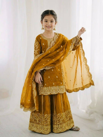 Teeya Creation New Trendy Fully Stitched Ready to Wear Kids Kurta Palazzo Set-Yellow - Dista
