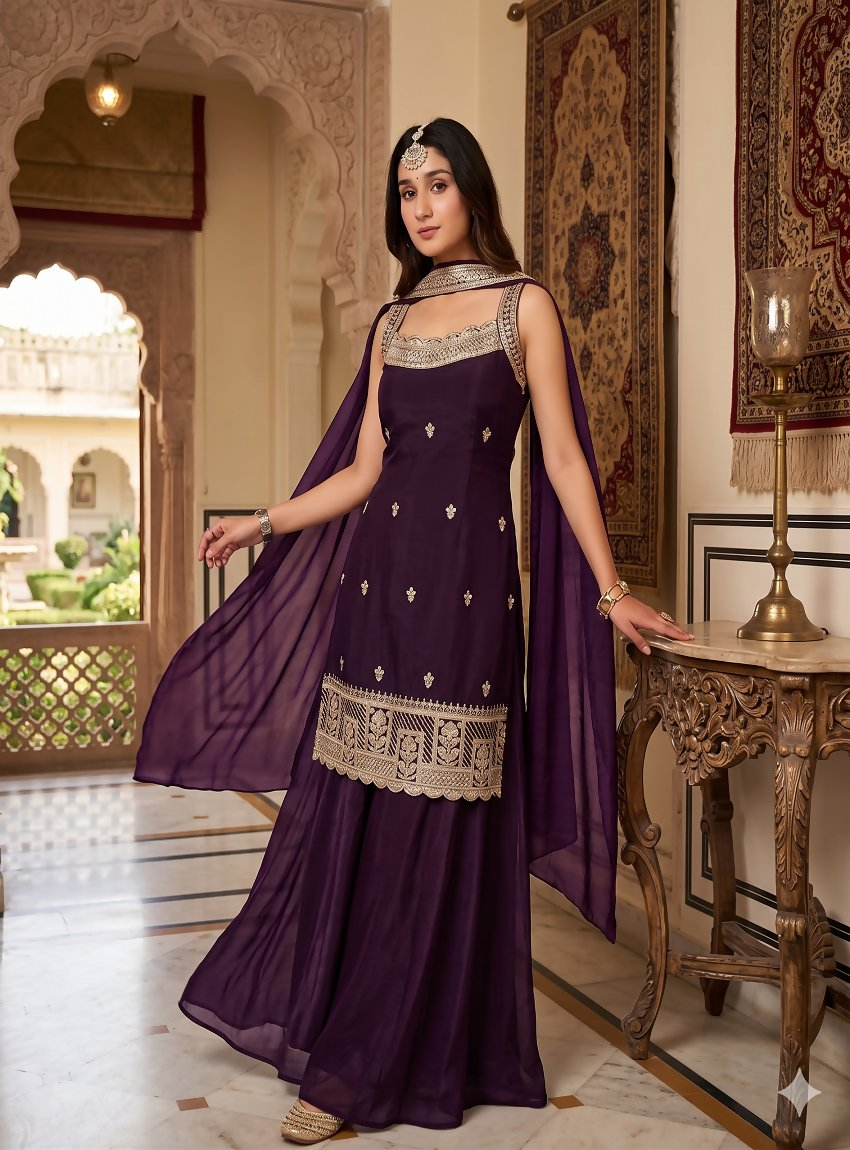 Teeya Creation Elegant Purple Ethnic Suit Set With Dupatta - Dista
