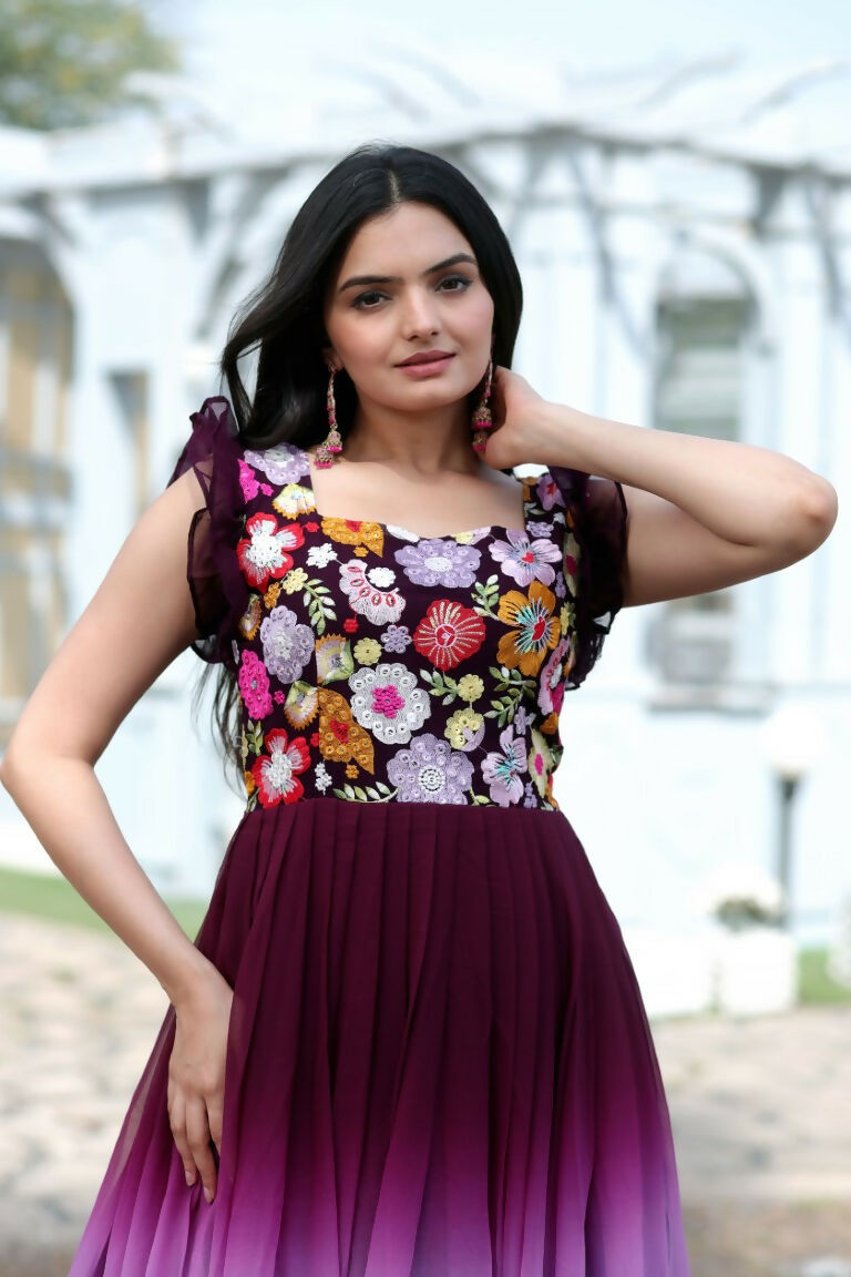Jyoti Fashion Women's Wine Sequins Embroidery Faux Blooming Anarkali Dress - Distacart