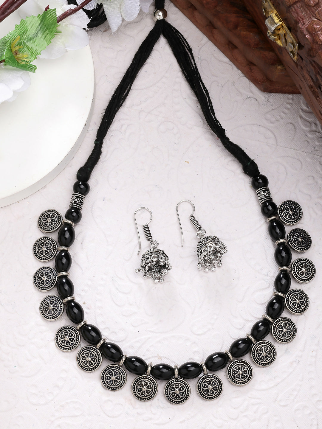 NVR Women's Black Silver-Plated Choke Oxidized Necklace with Jhumka Earrings - Distacart