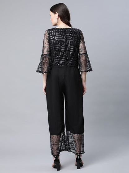 Ahalyaa Womens Crepe & Net Black Printed Jumpsuit - Distacart