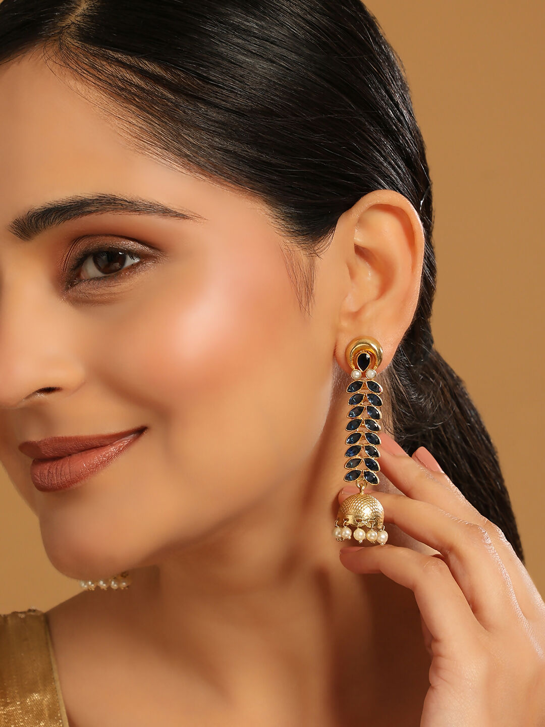 Nuyug 22K Gold-Plated Blue Onyx & Pearl Studded Dome Shaped Jhumkas