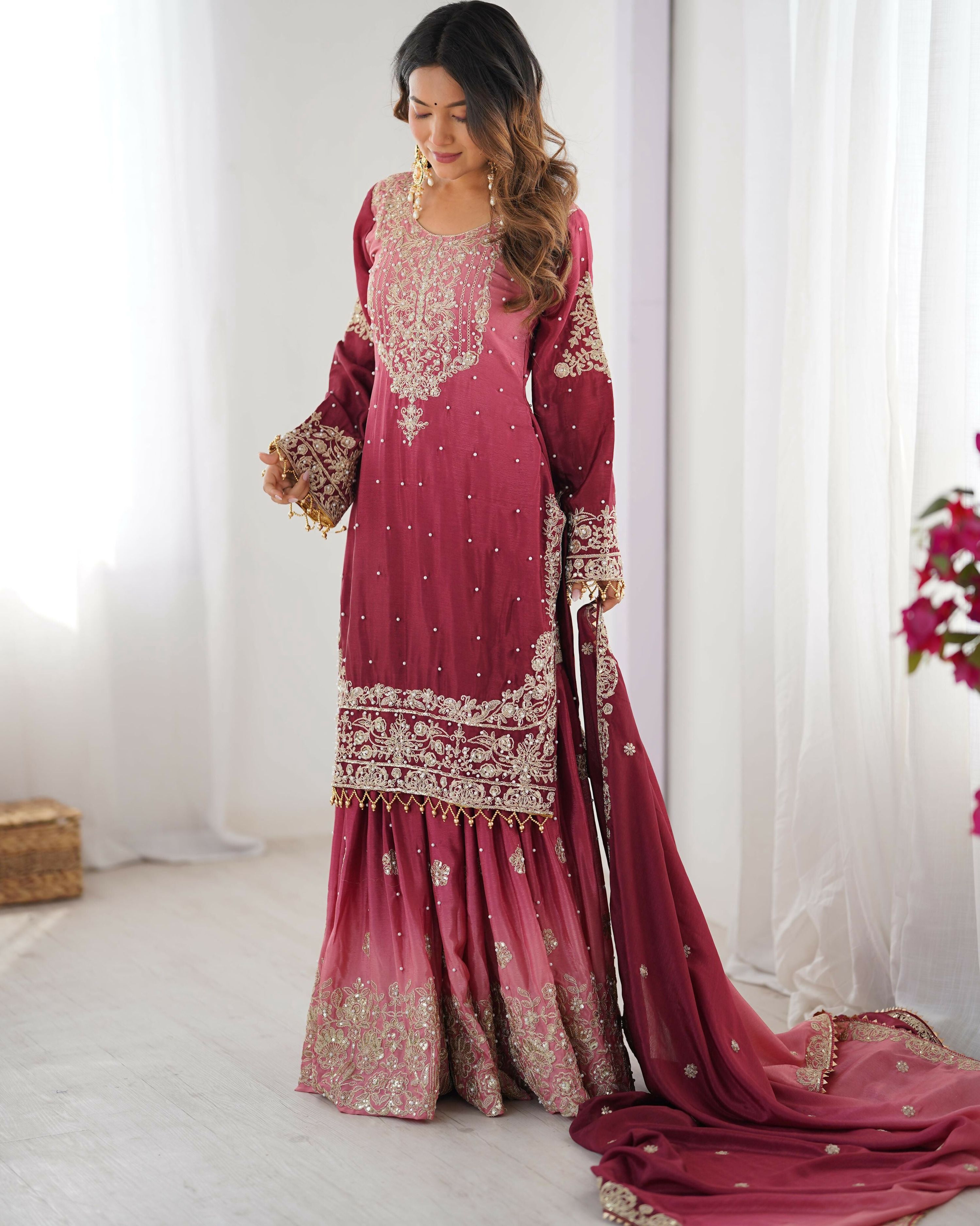 Joban Fashion Pink Palazzo Chinon silk Coding Dori with Sequence with Rivet Moti