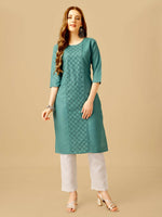 Thumbnail for Jyoti Fashion Women's Teal Cotton Blend Embroidered Kurta Pant Set - Distacart