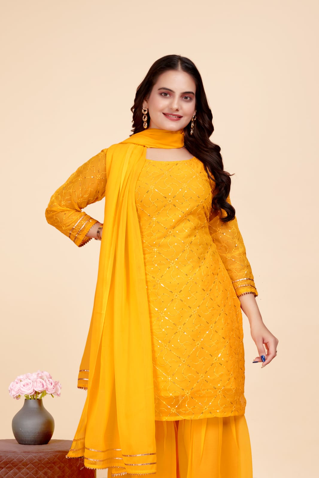 Women's A-Line Yellow Kurta and Sharara With Dupatta Set - A2M - Distacart