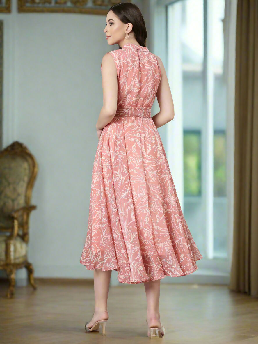 Souchii Peach Floral Chiffon Dress - Dista
