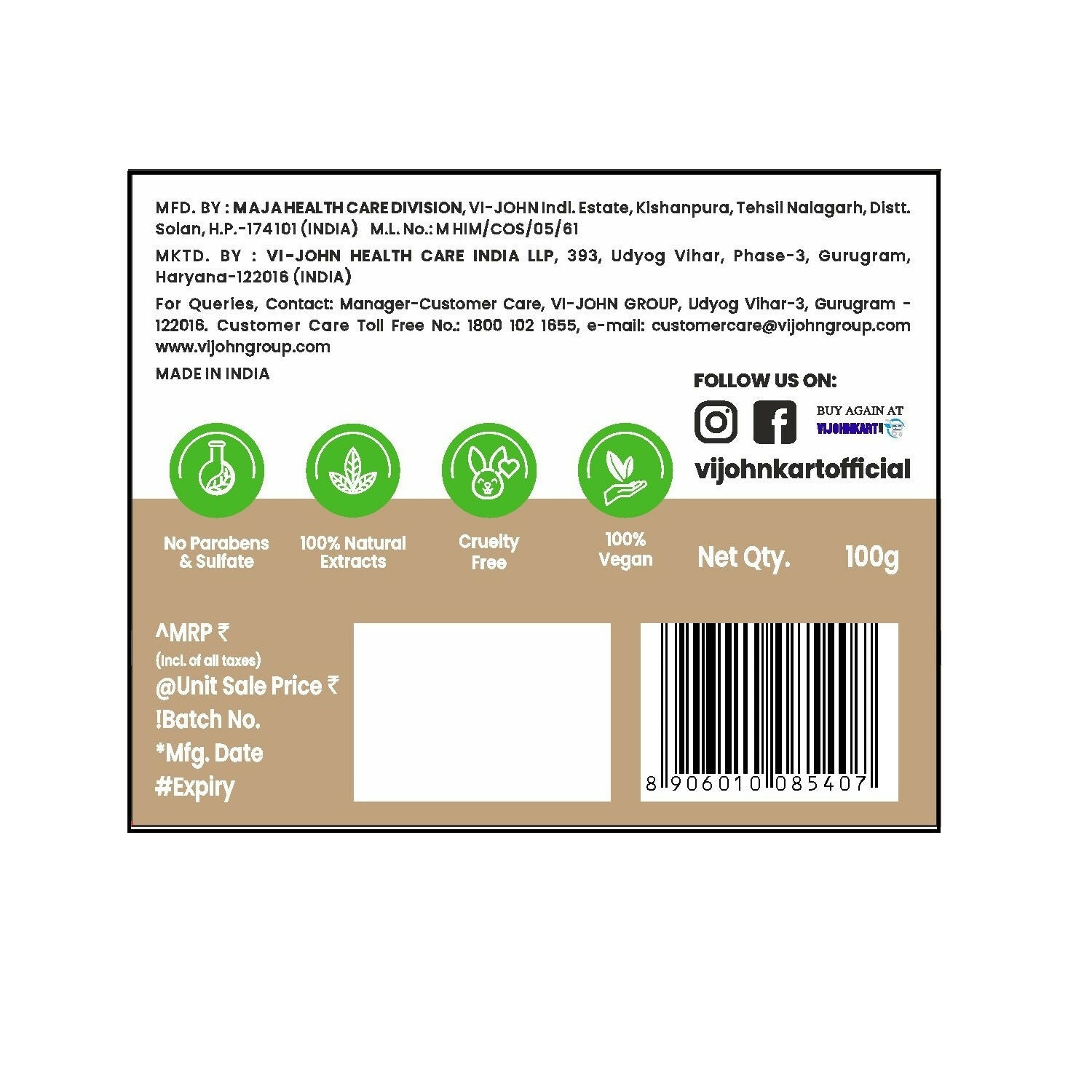 VI-JOHN Prakritik Multani Mitti Face Pack Controls Sebum Made With 100% Natural Bio Actives - Distacart