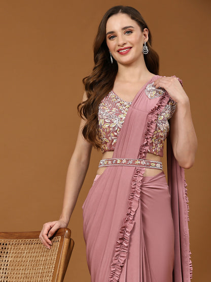 Pink Lycra Solid Ready to wear Saree with stitched Blouse - Vanita - Distacart