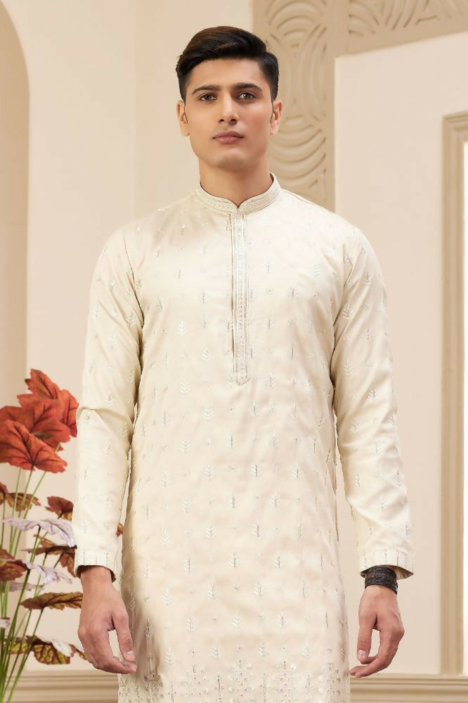 Raivat Ethnic Art Silk Thread Work Kurta Pajama In Beige Colour
