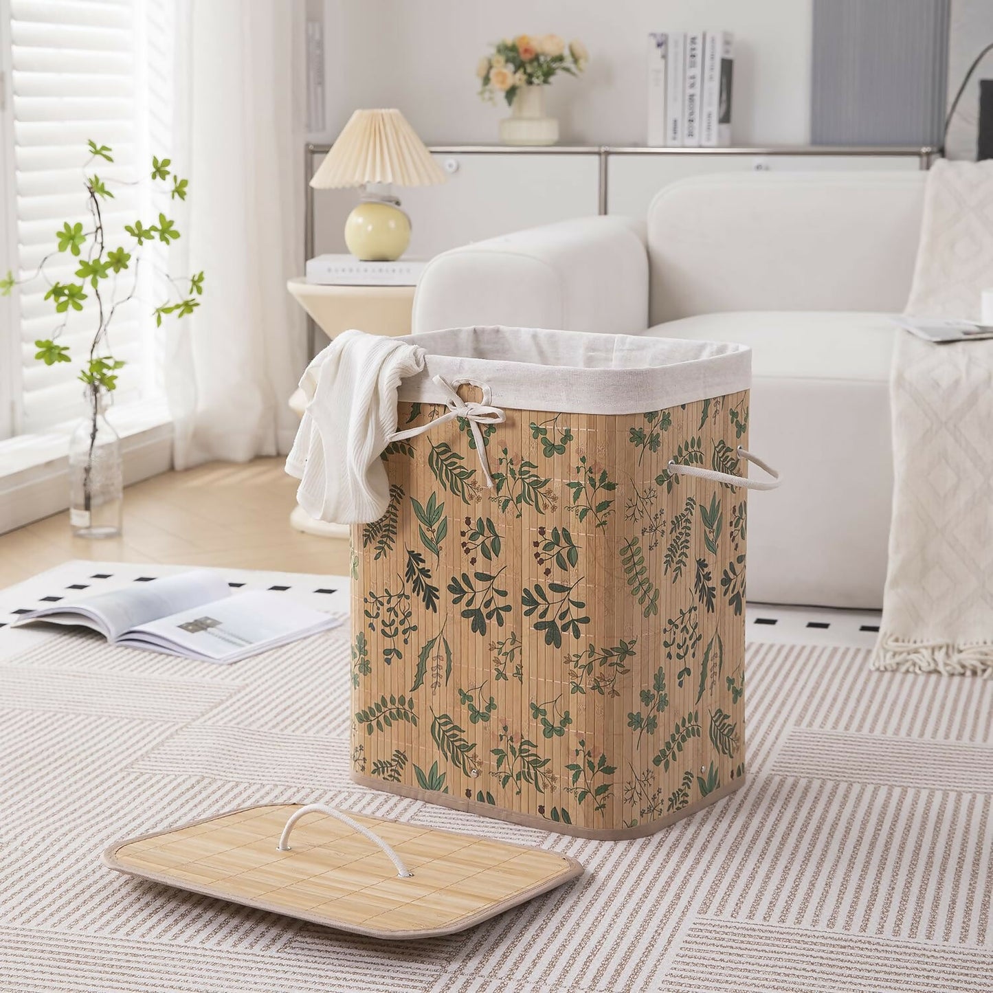 HOKIPO Eco-Friendly Foldable Bamboo Laundry Basket Hamper with Lid - Ficus Leaves - Dista