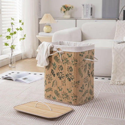 HOKIPO Eco-Friendly Foldable Bamboo Laundry Basket Hamper with Lid - Ficus Leaves - Dista