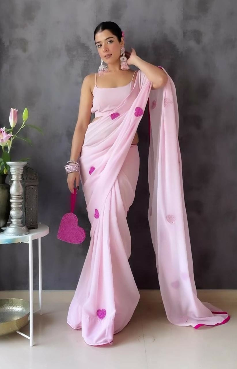 Malishka Georgette Embroidery Ready To Wear Saree With Blouse Piece - Pink - Distacart