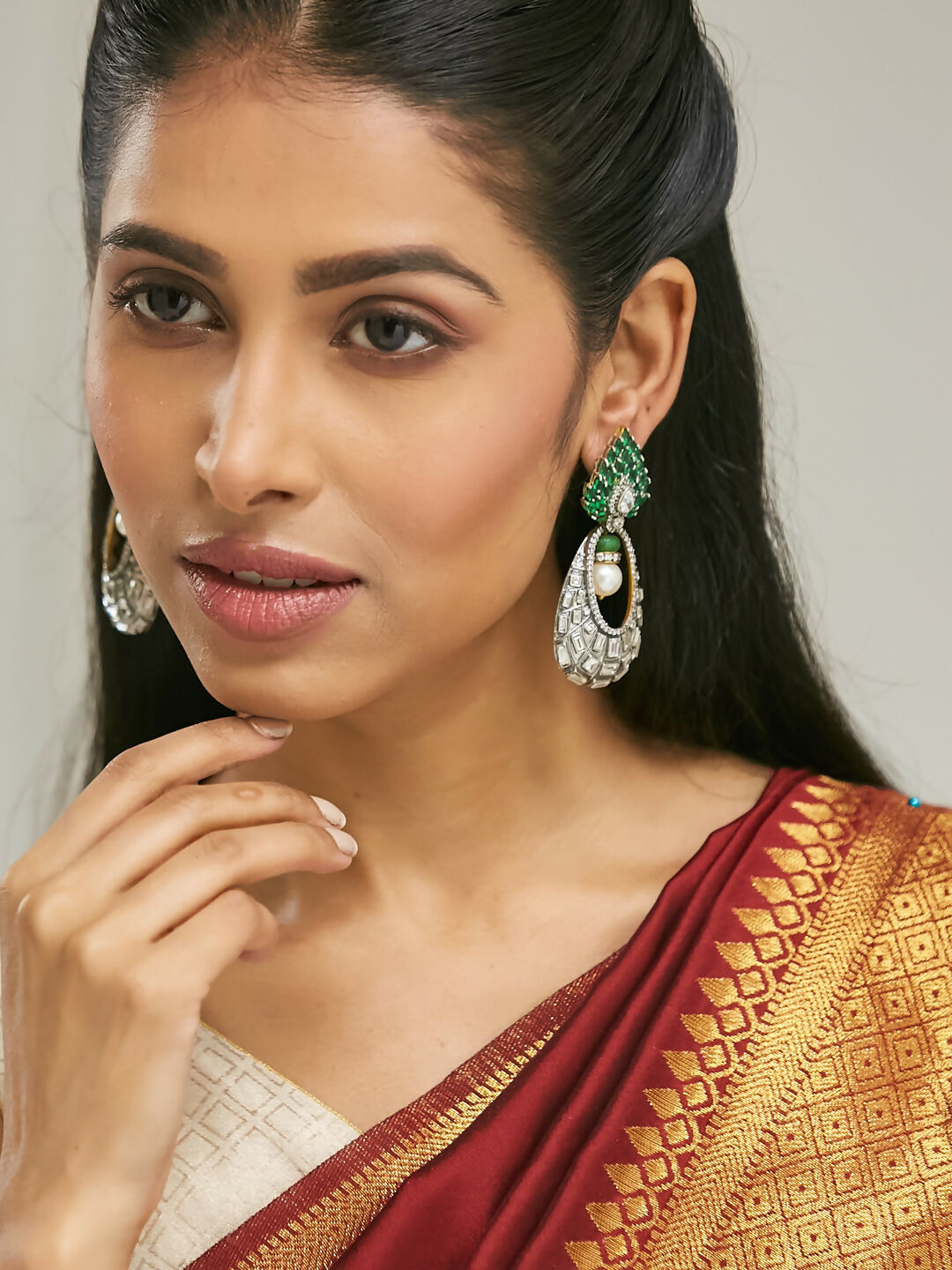 Nuyug 22K Gold-Plated Zircon Studded & Pearl Teardrop Shaped Dangler Earrings