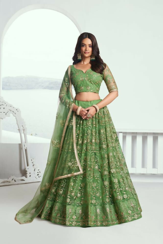 Aastha Fashion Pista Green Butterfly Net Tone To Tone Cotton Thread Work And Sequence Work Embroidery Wedding Wear Lehenga Choli - Distacart