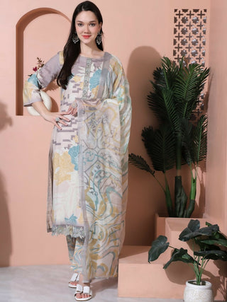 Jyoti Fashion Women's Multicolor Cotton Floral Digital Print & Floral Embroidered Cutwork Border Sequins Work Kurta with Trouser & Dupatta - Distacart