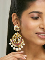 Thumbnail for Nuyug 22K Gold-Plated Elegant Ruby & Kundan Stone Studded With Pearl Beaded Floral Chandbalis - Distacart