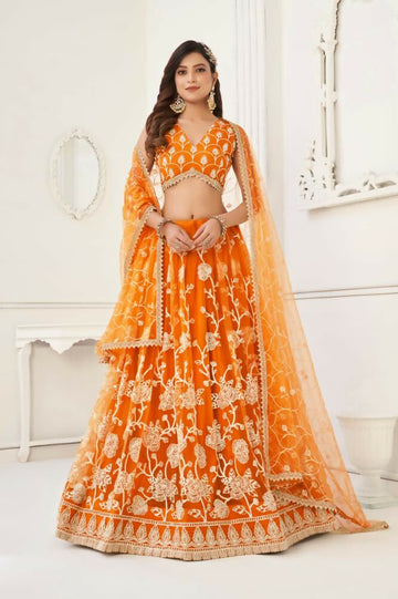 Aastha Fashion Orange Butterfly Net White Cotton Thread Work And Sequence Work Embroidery Wedding Wear Lehenga Choli - Distacart