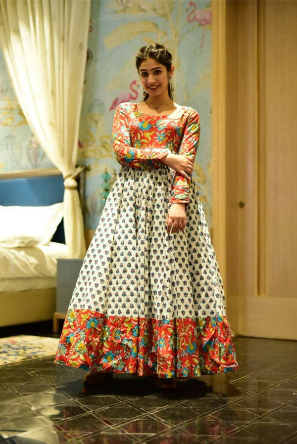 Jyoti Fashion Women's Off White Heavy Digital Printed Cotton Silk Anarkali Dress - Distacart